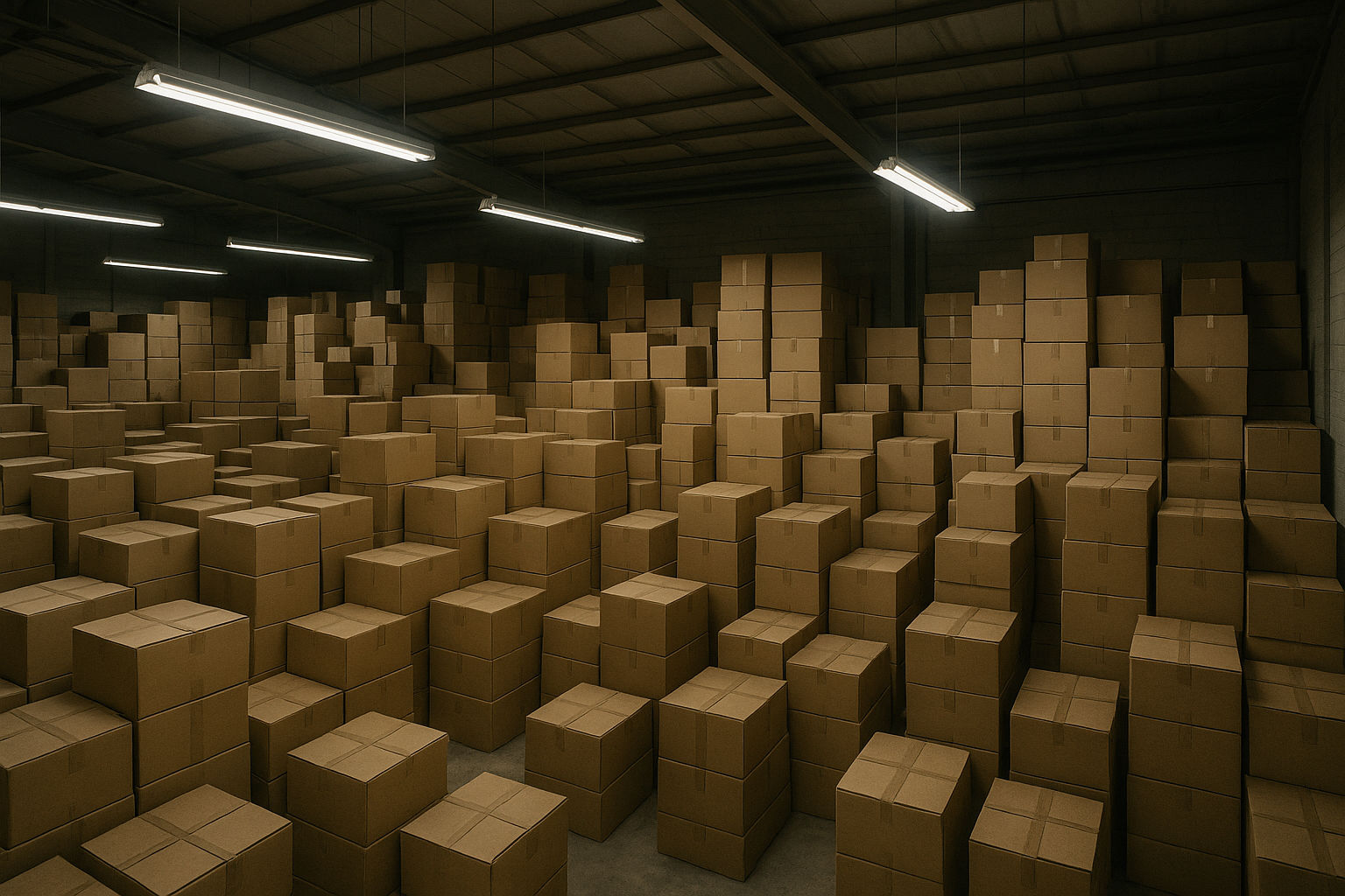 A warehouse interior filled with stacked boxes representing excess inventory, depicting logistical challenges and wasted space, illuminated by harsh fluorescent lighting, capturing the financial strain and operational inefficiencies of overstocking, photographed from a slightly elevated angle to showcase the scale of the problem.