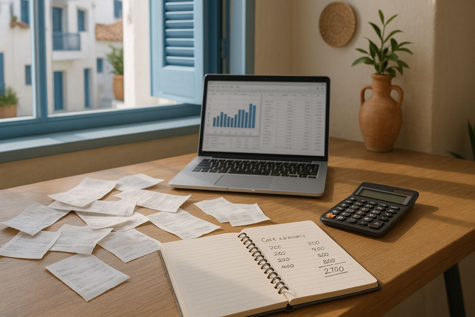 A photorealistic shot capturing a detailed financial planning scene for a Greek boutique startup. The image shows a desk with a laptop displaying spreadsheets, scattered receipts, a calculator, and a notebook with handwritten cost estimates in euros. The scene is set in a modern Greek office space with subtle Mediterranean design elements.
