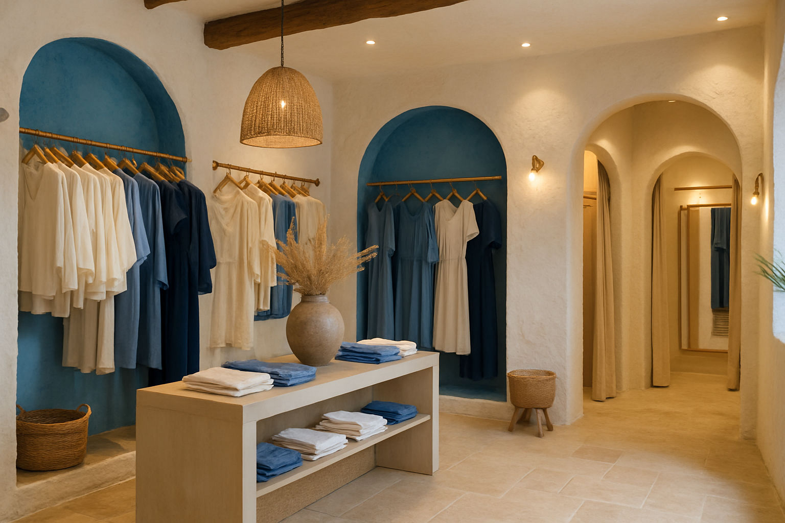 A photorealistic shot capturing the interior of a stylish Greek boutique. The image shows a well-lit space with carefully arranged clothing racks, a central display table, and elegant fitting rooms. The decor incorporates Mediterranean elements like whitewashed walls, blue accents, and natural textures. Soft, warm lighting highlights the clothing and creates an inviting atmosphere.