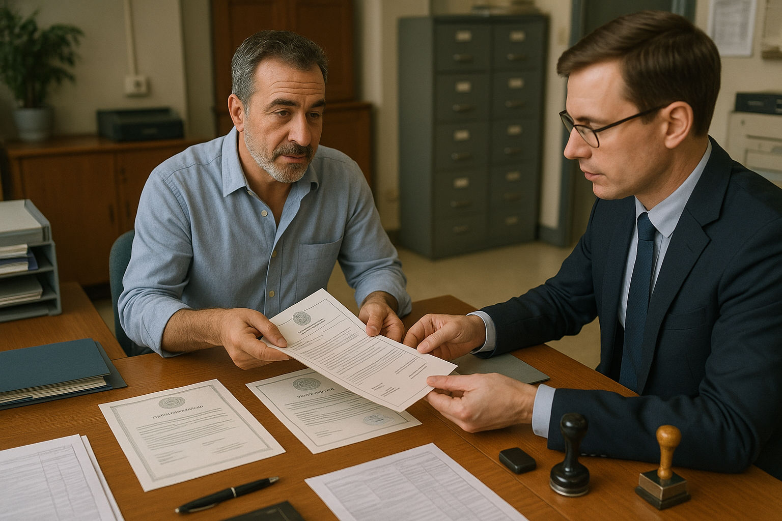 A photorealistic shot capturing a Greek business owner submitting legal documents for a boutique license. The scene shows a well-organized desk with various forms, certificates, and official stamps. A government official is reviewing the paperwork while the business owner looks on. The setting reflects a typical Greek municipal office with subtle bureaucratic elements.
