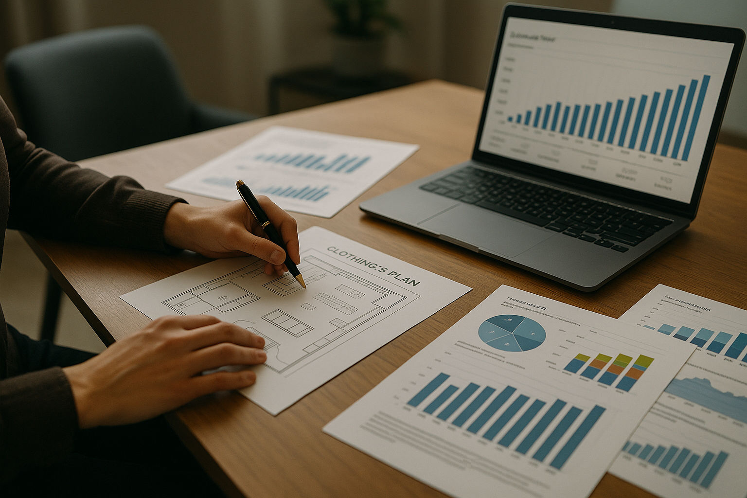 A photorealistic shot capturing a person working on a detailed business plan for a clothing store, with financial charts and market analysis documents scattered on the desk. The setting is a modern office environment with soft lighting, emphasizing focus and strategic planning. A laptop displays financial projections, and the overall composition conveys the importance of thorough preparation in starting a retail business.