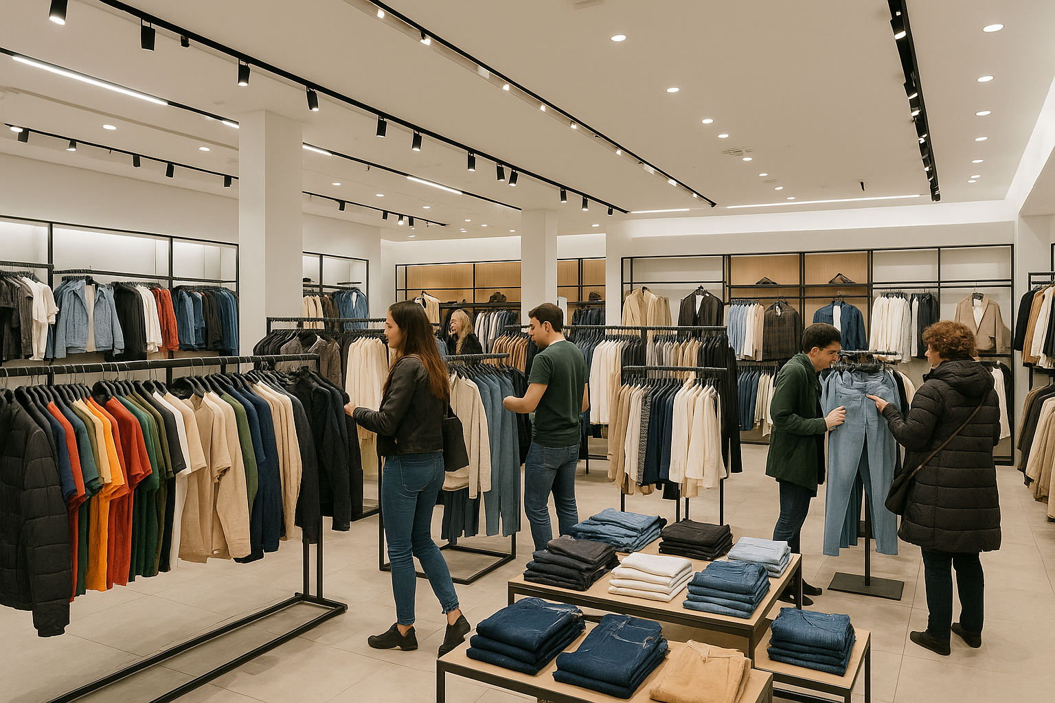 A photorealistic shot capturing a modern clothing store interior in Romania, showcasing a diverse selection of clothing brands and styles on display racks. The setting is a brightly lit store with modern design elements, creating an inviting shopping atmosphere. Customers are browsing through the selections, indicating a bustling and active retail environment. The image emphasizes variety and quality in a multibrand store.