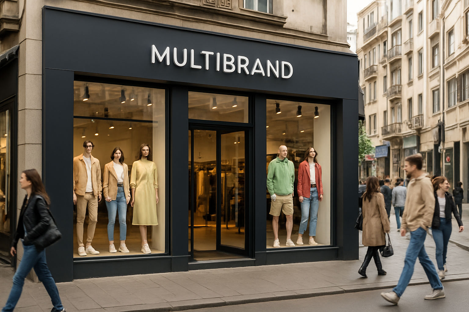 A photorealistic shot capturing the exterior of a modern multibrand clothing store located in a bustling urban area of Bucharest, Romania. The store features large display windows showcasing the latest fashion trends, inviting passersby to enter. The setting is a vibrant street with pedestrian traffic and surrounding shops, emphasizing the store's prime location and accessibility. The overall composition suggests a thriving retail environment.