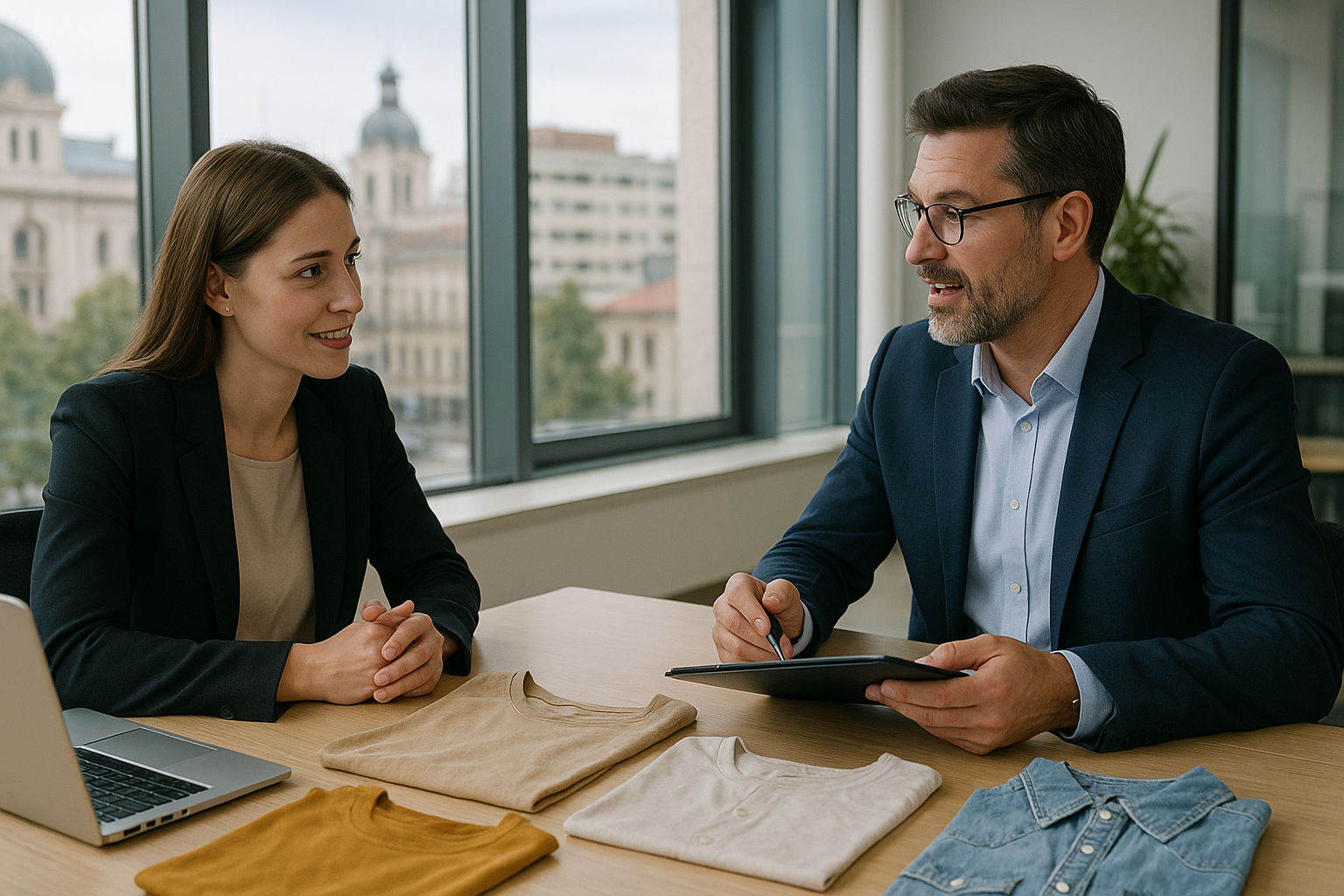 A photorealistic shot capturing a meeting between a clothing retailer and a wholesale supplier in a modern office setting in Bucharest, Romania, during daytime. The retailer and supplier are discussing terms, with sample clothing items on the table. The atmosphere is professional and collaborative, with natural light filtering through the windows, showcasing the business setting.