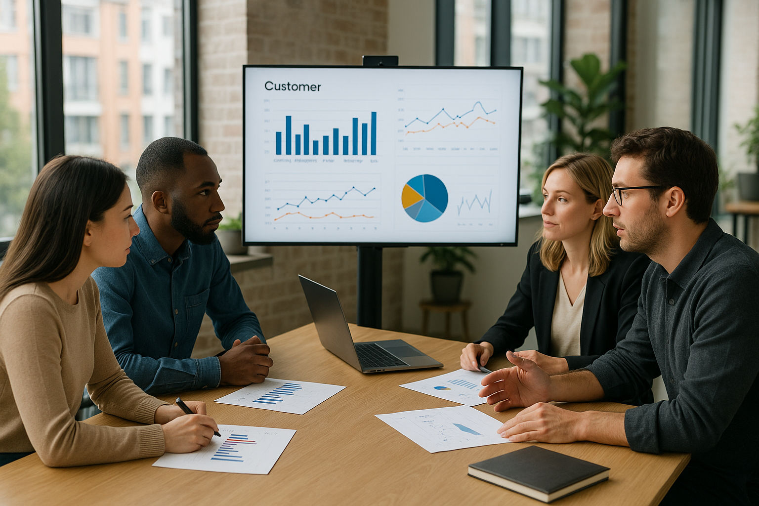 A photorealistic shot capturing a team meeting in a modern office, focused on reviewing CRM data for a retail clothing business. Team members are analyzing charts and graphs displayed on a large screen, discussing customer behavior trends and sales performance. The atmosphere is collaborative and data-driven, with a focus on optimizing marketing strategies and improving customer engagement in the fashion industry, with a bright, airy office setting.