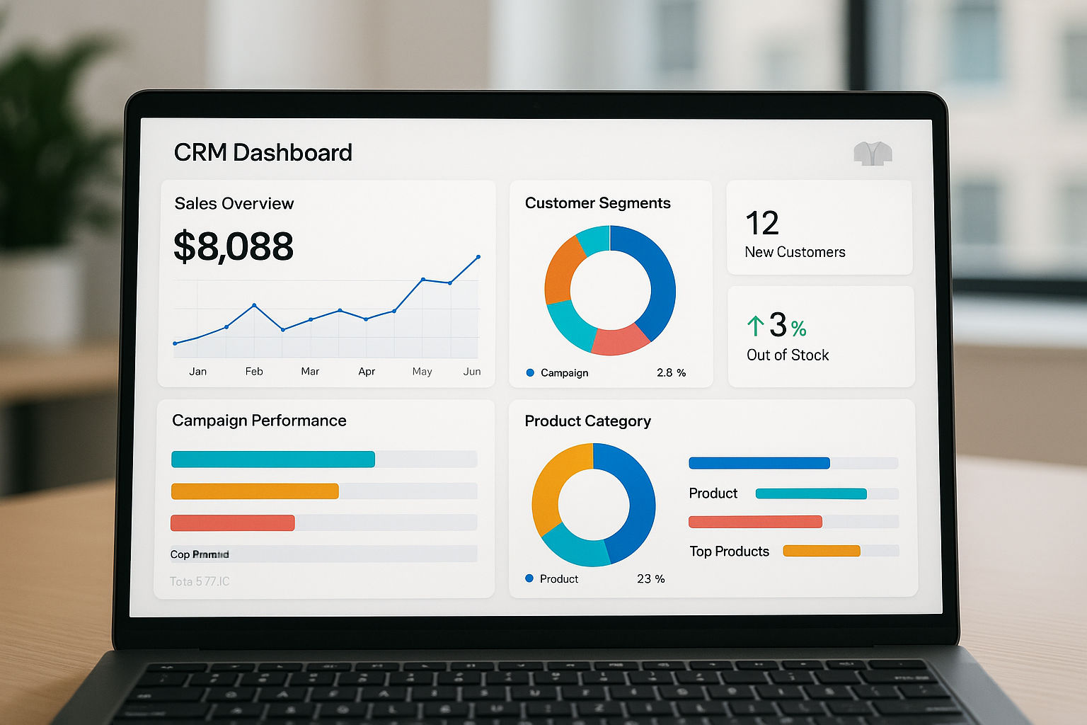 A photorealistic shot capturing a modern business dashboard interface displaying CRM data for a clothing retailer. The dashboard features interactive charts, graphs, and key performance indicators (KPIs) related to sales, customer behavior, and inventory management. The interface uses a clean, minimalist design with bright colors and clear typography, showcasing real-time insights into customer segmentation, marketing campaign performance, and product popularity, rendered to be easily understandable.