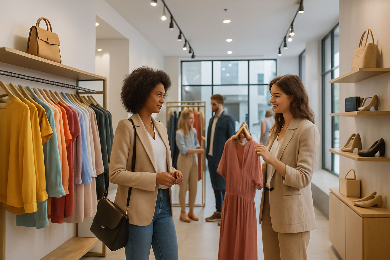A photorealistic shot capturing a brightly lit, modern boutique interior during daytime, showcasing neatly arranged clothing racks with colorful garments, fashionable accessories displayed on shelves, stylish customers browsing and interacting with sales associates, soft lighting, and a welcoming atmosphere in a contemporary setting, reflecting the ambition and potential of a new boutique business.