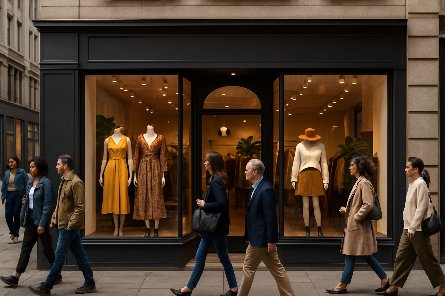 A photorealistic shot capturing a potential boutique storefront in a bustling city center with a diverse range of passersby, large windows displaying stylish mannequins dressed in unique fashion items, inviting signage, soft ambient lighting enhancing the window display, representing the brand's identity and a welcoming atmosphere, emphasizing the boutique's overall appeal and strategic location.