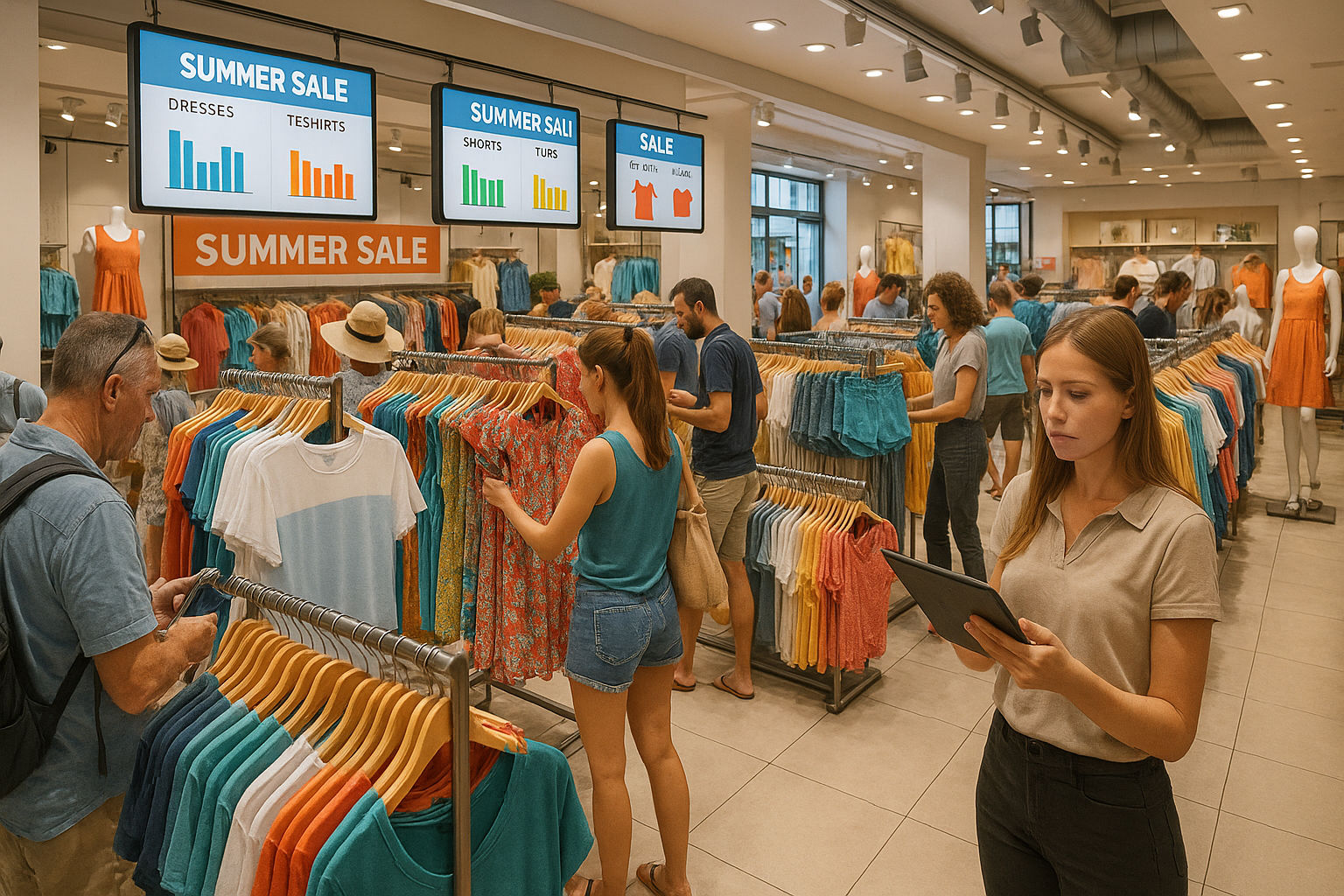 A photorealistic shot capturing a bustling Greek fashion retail store during a summer sale. The scene shows a mix of tourists and locals browsing through racks of discounted summer clothing, with digital displays showing real-time inventory levels. Staff members are seen using tablets to manage stock, highlighting the challenge of balancing seasonal demand with efficient inventory management in the Greek fashion retail sector.