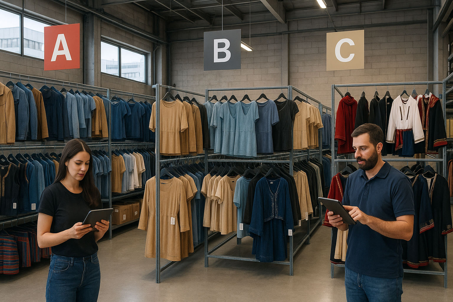 A photorealistic shot capturing a Greek fashion warehouse with clear ABC categorization of inventory. Section A showcases popular Greek fashion staples, section B displays moderately popular items, and section C shows specialized or seasonal Greek clothing. The scene emphasizes efficient organization with digital labels and staff using tablets for inventory management, set against the backdrop of a modern Athens industrial area.