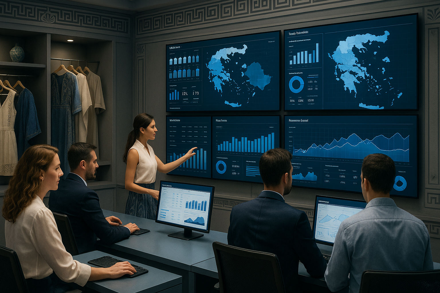 A photorealistic shot capturing a modern Greek fashion retail control room. The scene shows a team of inventory managers using advanced analytics software on large screens, displaying real-time data on stock levels, sales trends, and predictive models. The room has a sleek, high-tech feel with Greek design elements, emphasizing the blend of traditional Greek fashion retail with cutting-edge inventory management techniques.