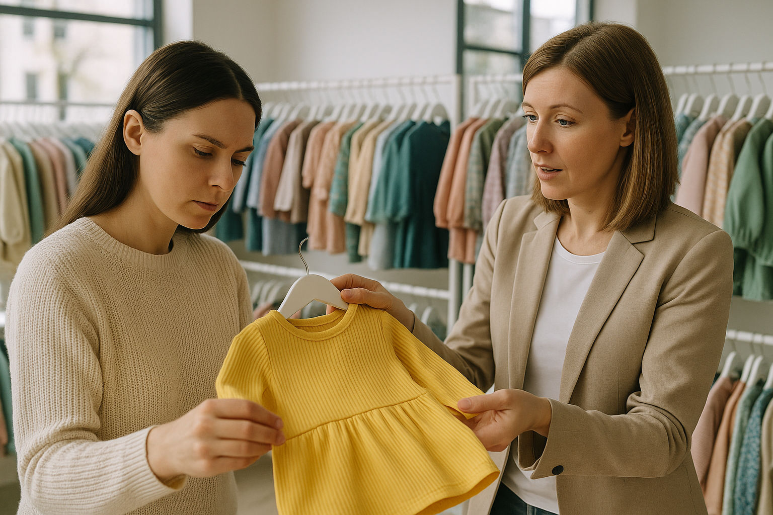 A photorealistic shot capturing a buyer carefully examining the quality of a garment sample in a well-lit showroom with racks of diverse children's clothing, alongside a vendor representative who is showing the features, focusing on textures and stitching, with a soft, natural light coming through large windows in a modern, minimalist style space.