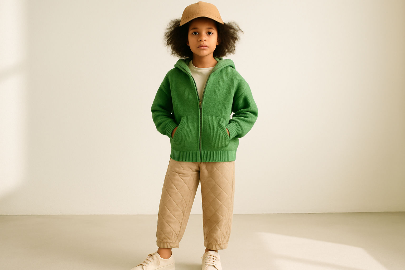 A fashion-forward child modeling eco-friendly clothing, showing the latest trends in sustainable apparel. The outfit includes organic cotton fabrics and recycled materials, in a brightly lit studio. The background is minimalistic, emphasizing the child and the clothing, demonstrating innovative designs and environmental responsibility in children's fashion.