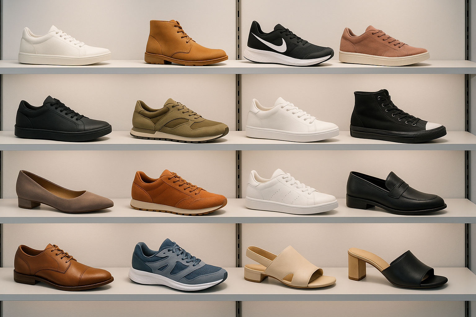 A diverse collection of shoes displayed on shelves in a modern retail setting, highlighting various styles, colors, and brands catering to different customer preferences, bright, even lighting, and a clean, organized presentation.