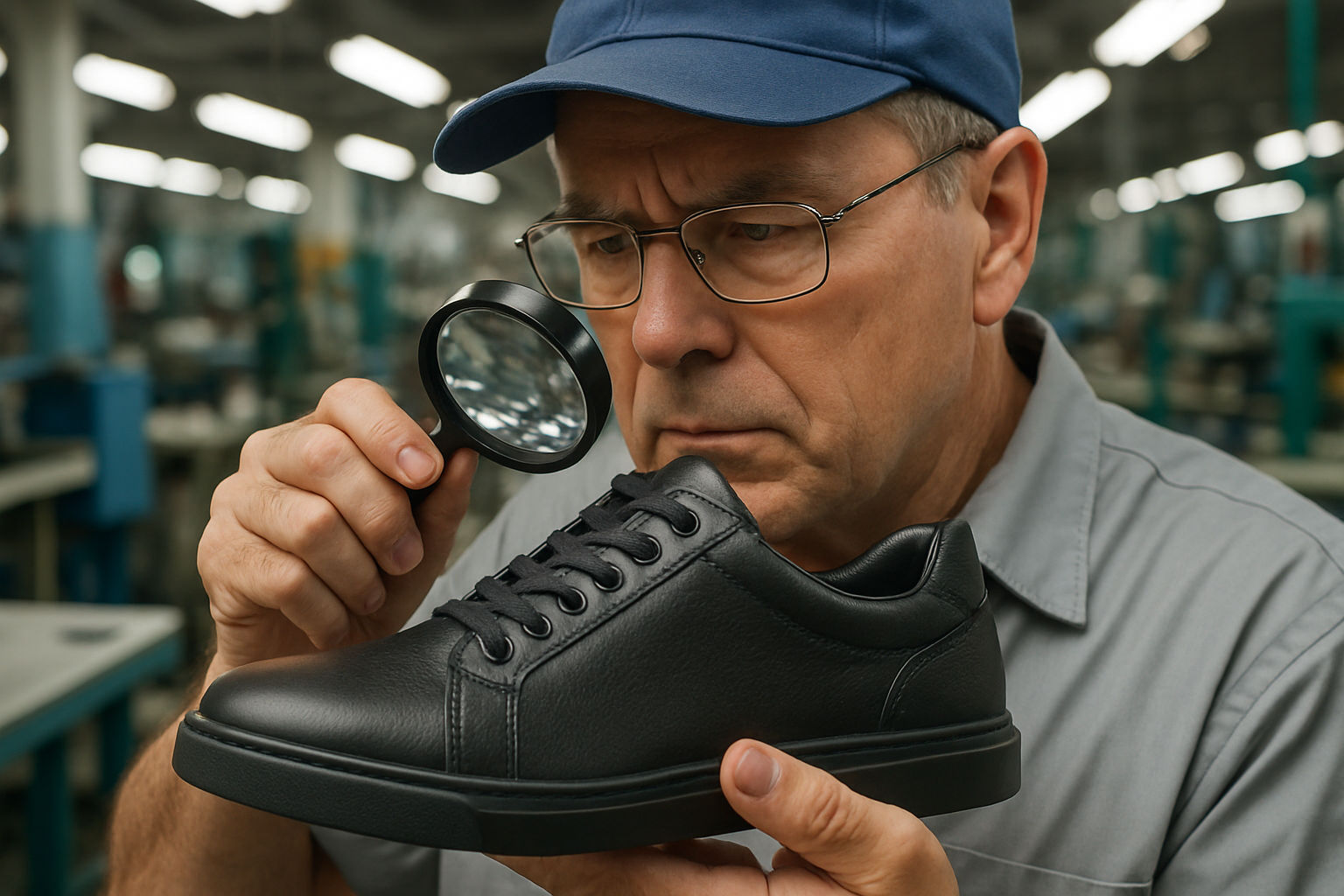 A close-up shot of a quality control inspector examining a shoe in a factory setting with bright lighting and various tools and equipment in the background.