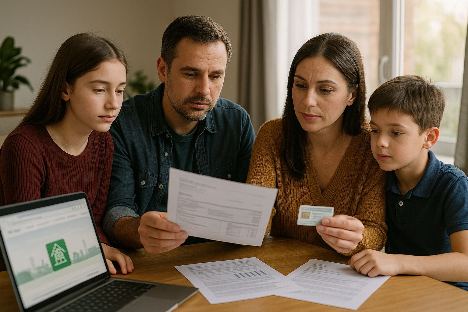 A photorealistic shot capturing a Romanian family reviewing documents related to the prosumator application process, sitting at a table in their modern living room, natural daylight streaming through the window, showing documents like the electricity bill and identity card, laptop in view with energy provider website, warm and inviting atmosphere, medium shot.