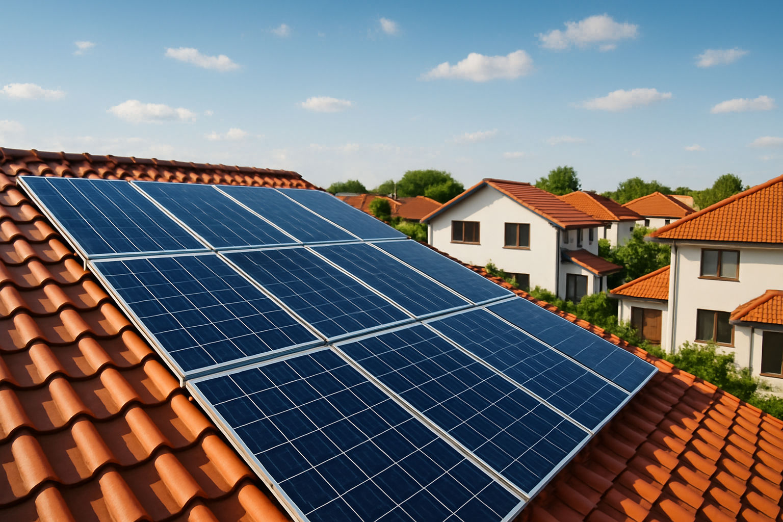 A photorealistic shot capturing a residential rooftop solar panel installation in a modern Romanian suburban neighborhood, clear sunny day, blue sky with scattered clouds, red-tiled roofs visible, green trees in the background, showcasing the transition to renewable energy, warm natural lighting, wide-angle lens perspective.