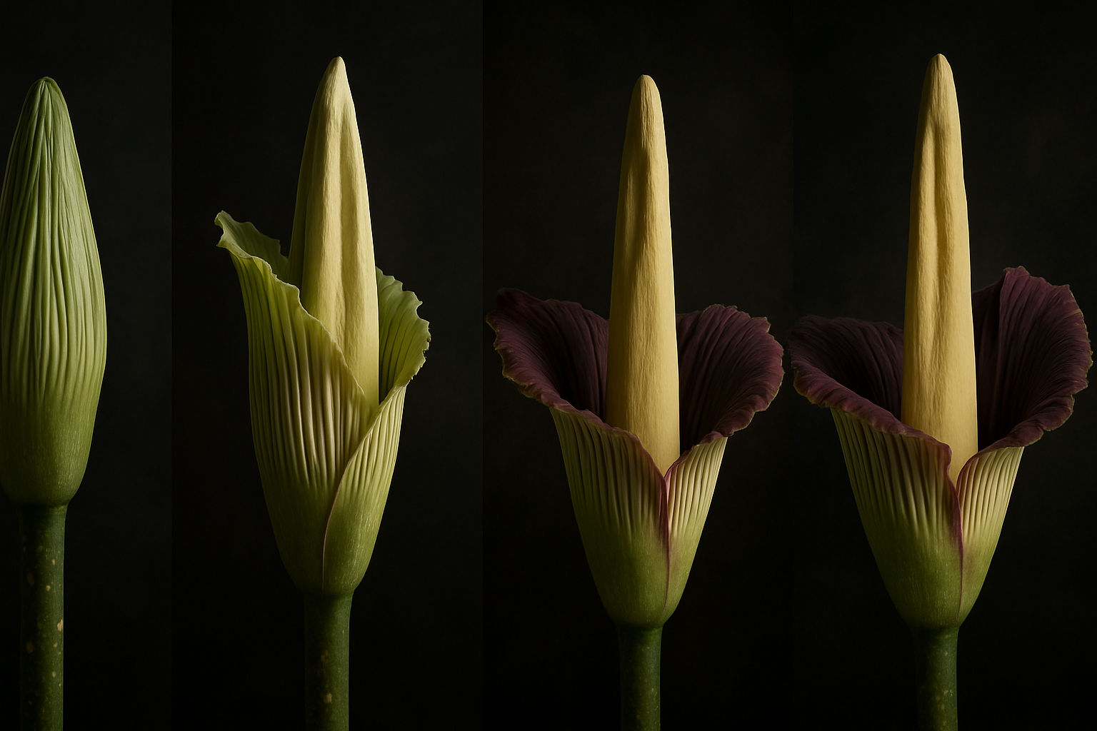 A photorealistic shot capturing the timelapse of an Amorphophallus titanum flower blooming, from initial bud to fully opened flower. Use a split-screen or multi-panel composition to showcase the different stages of the process. Display the color transitions and the gradual unfolding of the spathe and spadix. The lighting should gradually change with each stage, highlighting growth and structure.