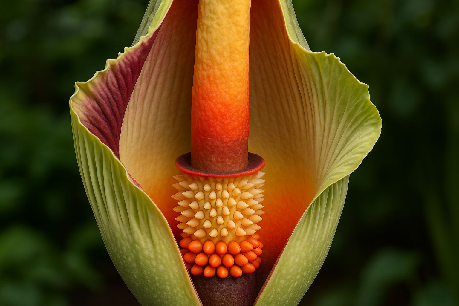 A photorealistic shot capturing a cross-section of the Amorphophallus titanum inflorescence during its blooming period. Show the internal structure, including the spadix, spathe, and the arrangement of male and female flowers. Highlight the temperature gradient with subtle color variations, indicating the heat generated. The image is brightly lit for clarity, detailed to show the intricate biological structure of the plant.