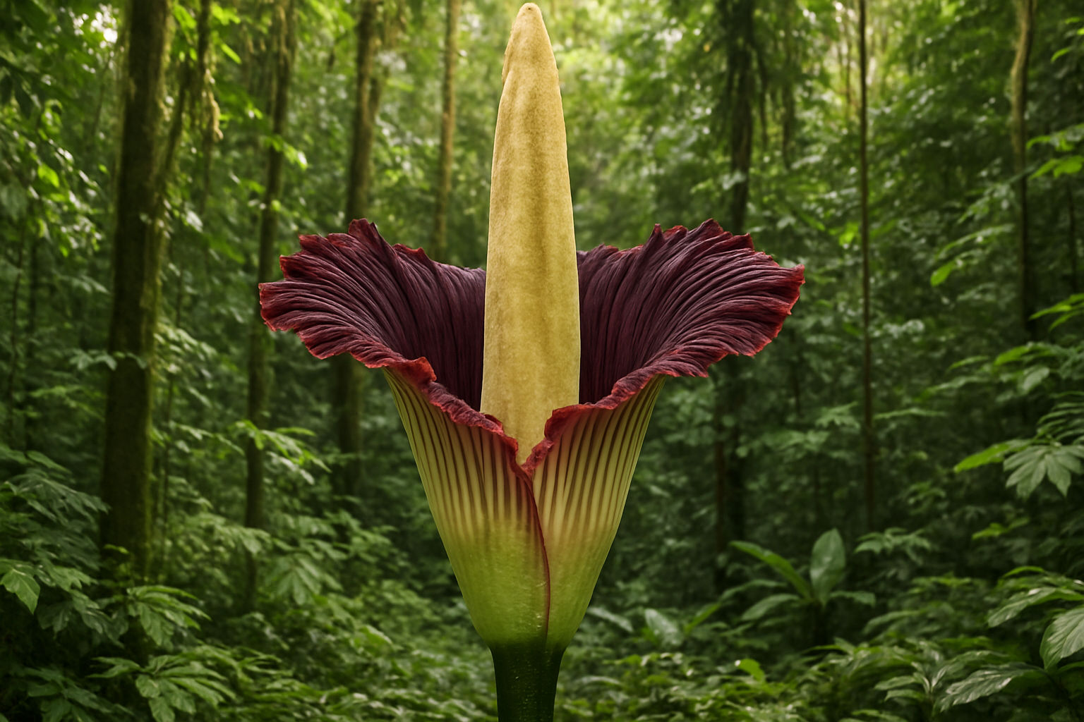A photorealistic shot capturing a full Amorphophallus titanum, emphasizing its size in a lush Sumatran rainforest setting. Display its height against the surrounding vegetation, with dappled sunlight filtering through the canopy. The flower should dominate the frame, showcasing its unique structure and texture, with other plants blurred in the background to highlight its prominence.