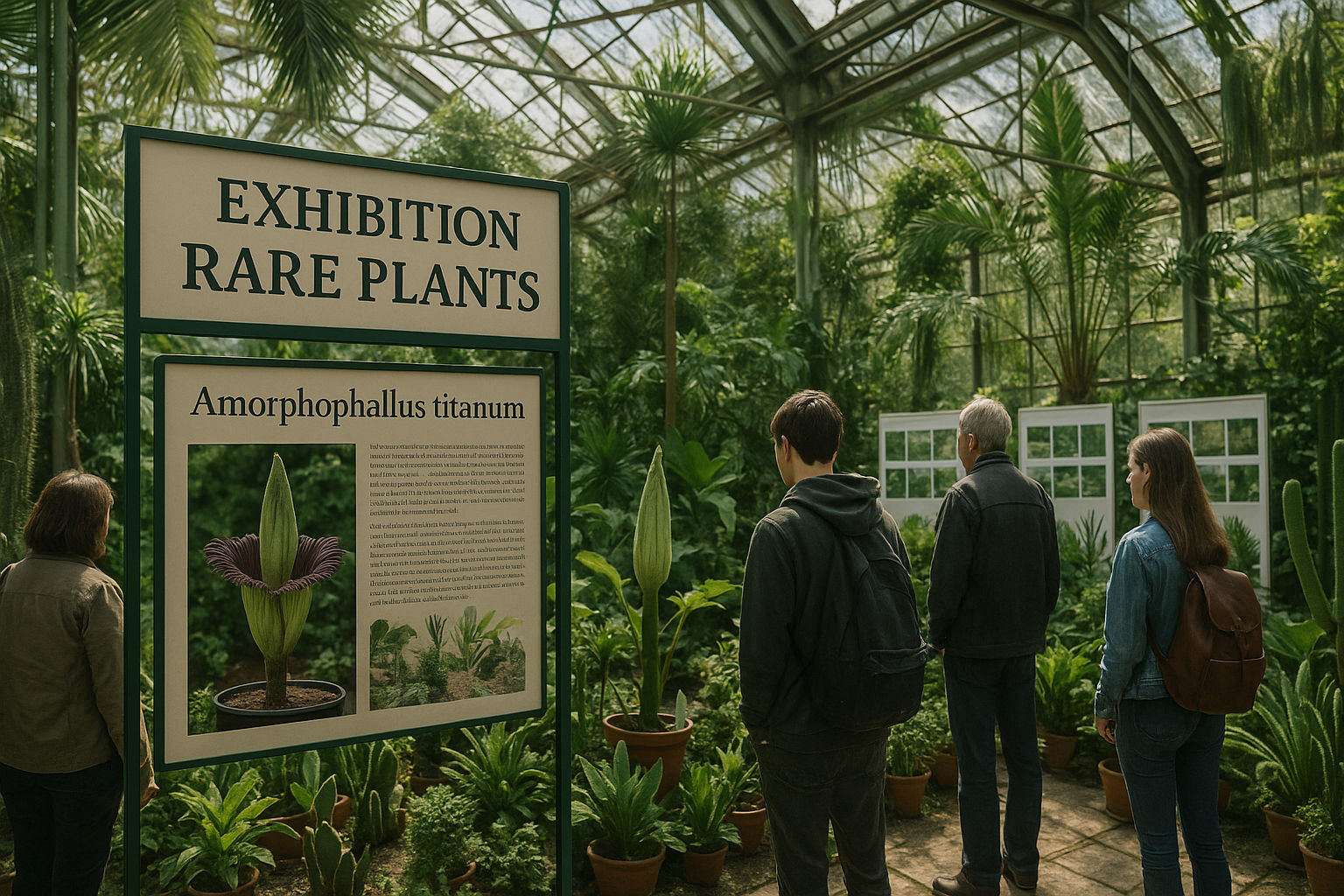 A photorealistic shot capturing the greenhouse interior of the Bucharest Botanical Garden, highlighting a sign indicating an exhibition featuring rare plants, including information about Amorphophallus titanum. Show visitors observing the displays, with educational posters visible in the background. The lighting emphasizes the greenhouse environment, showing the controlled climate and diverse plant collection. Focus on the informational aspect.