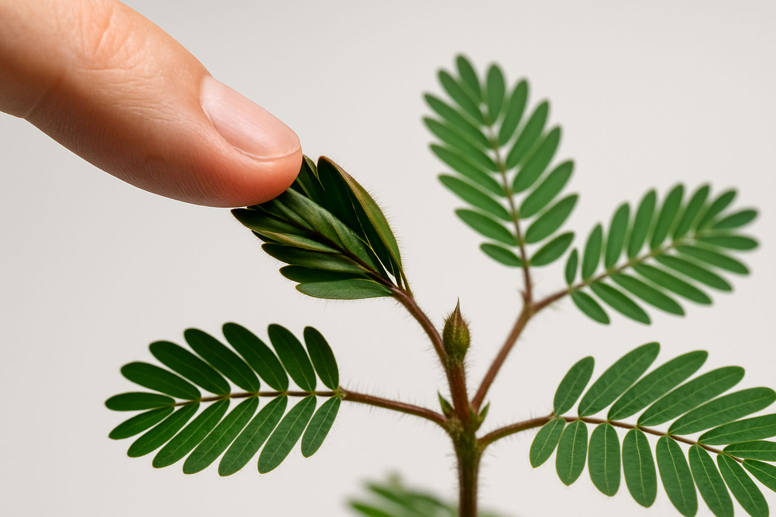 A photorealistic shot capturing the moment a finger gently touches the leaves of a Mimosa pudica plant, causing them to fold inwards in a rapid, defensive response, bright studio lighting emphasizing the texture and movement of the leaves, focus on the point of contact and the plant's reaction, illustrating the plant's unique sensitivity and interactive nature.