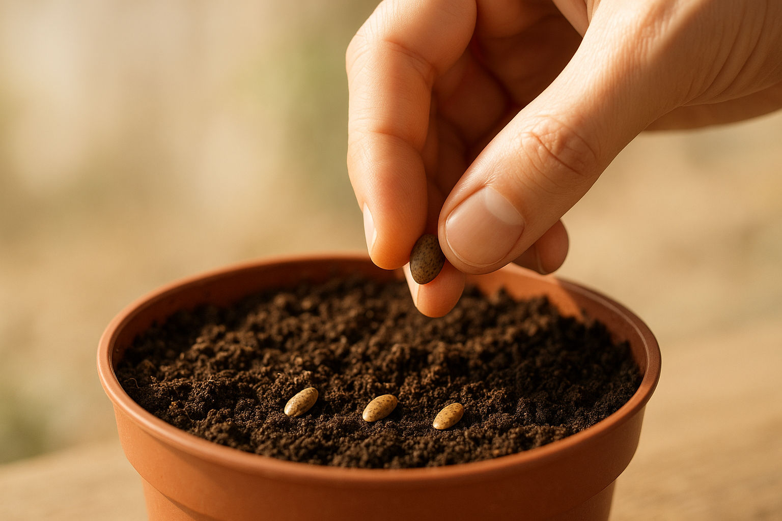 A photorealistic close-up shot capturing a hand carefully planting Mimosa pudica seeds in a small pot filled with soil, gentle sunlight illuminating the scene, focus on the seeds and the soil, demonstrating the initial steps of growing the plant from seeds, clean and simple composition.