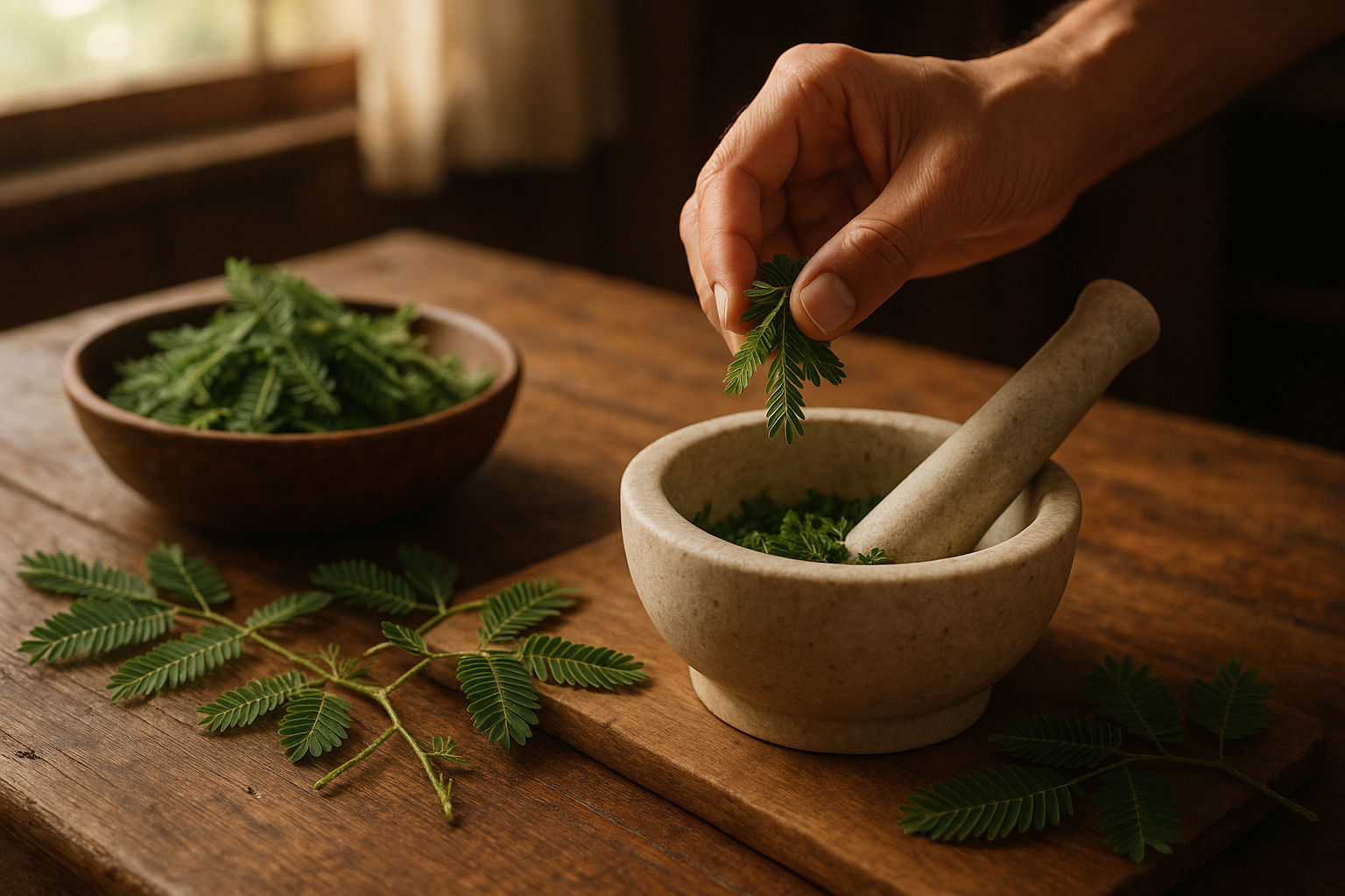 A photorealistic shot capturing a hand carefully preparing herbal medicine from Mimosa pudica leaves, traditional wooden table setting, mortar and pestle, sunlight filtering through a window creating a warm, natural ambiance, focus on the preparation process and the plant's medicinal properties.