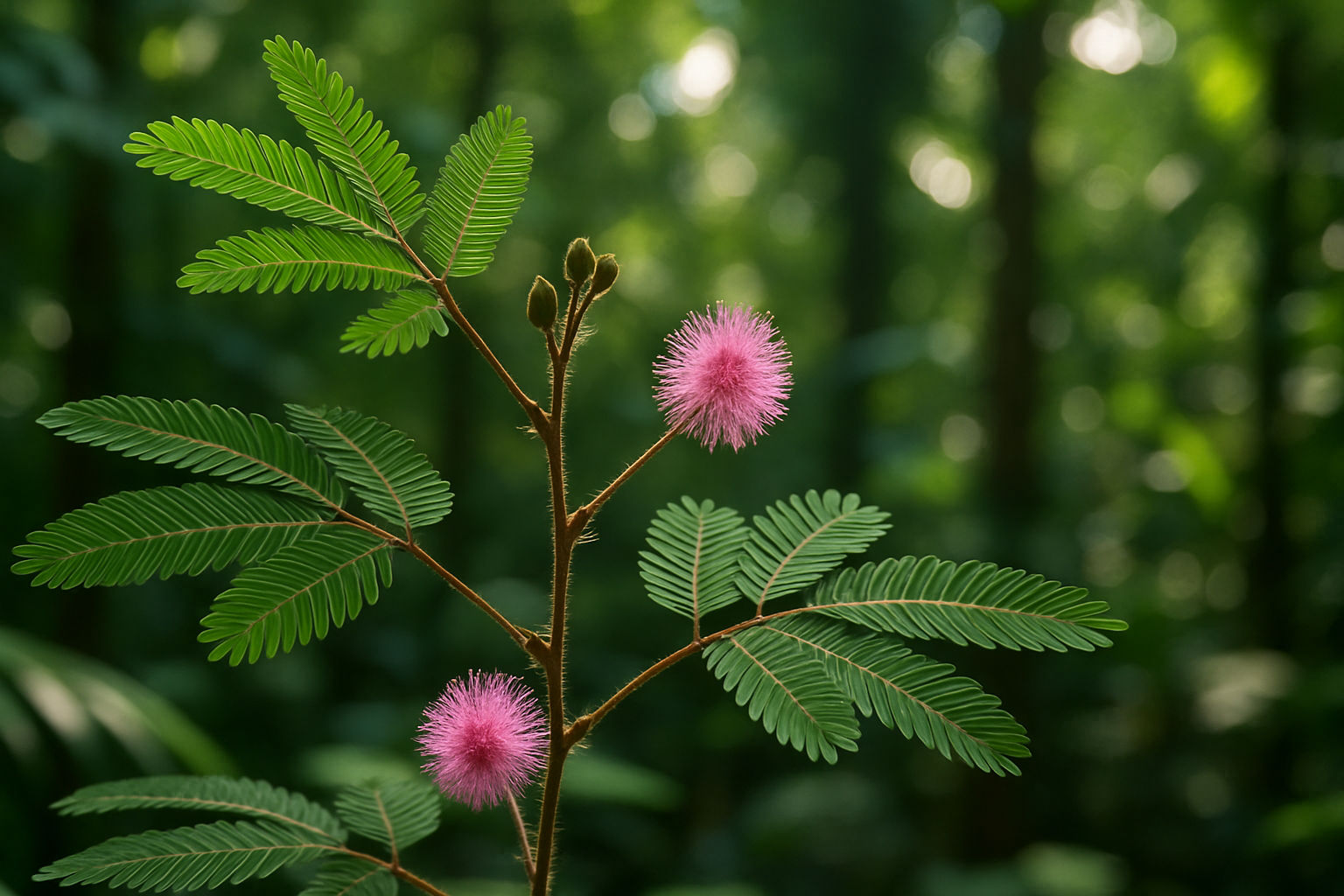 A photorealistic close-up shot capturing the intricate details of a Mimosa pudica plant in a tropical rainforest, with its delicate, feathery leaves and small, spherical pink flowers, bright sunlight filtering through the dense canopy creating dappled lighting, focus on the plant's sensitive leaves and subtle textures, showcasing its natural beauty and unique characteristics.