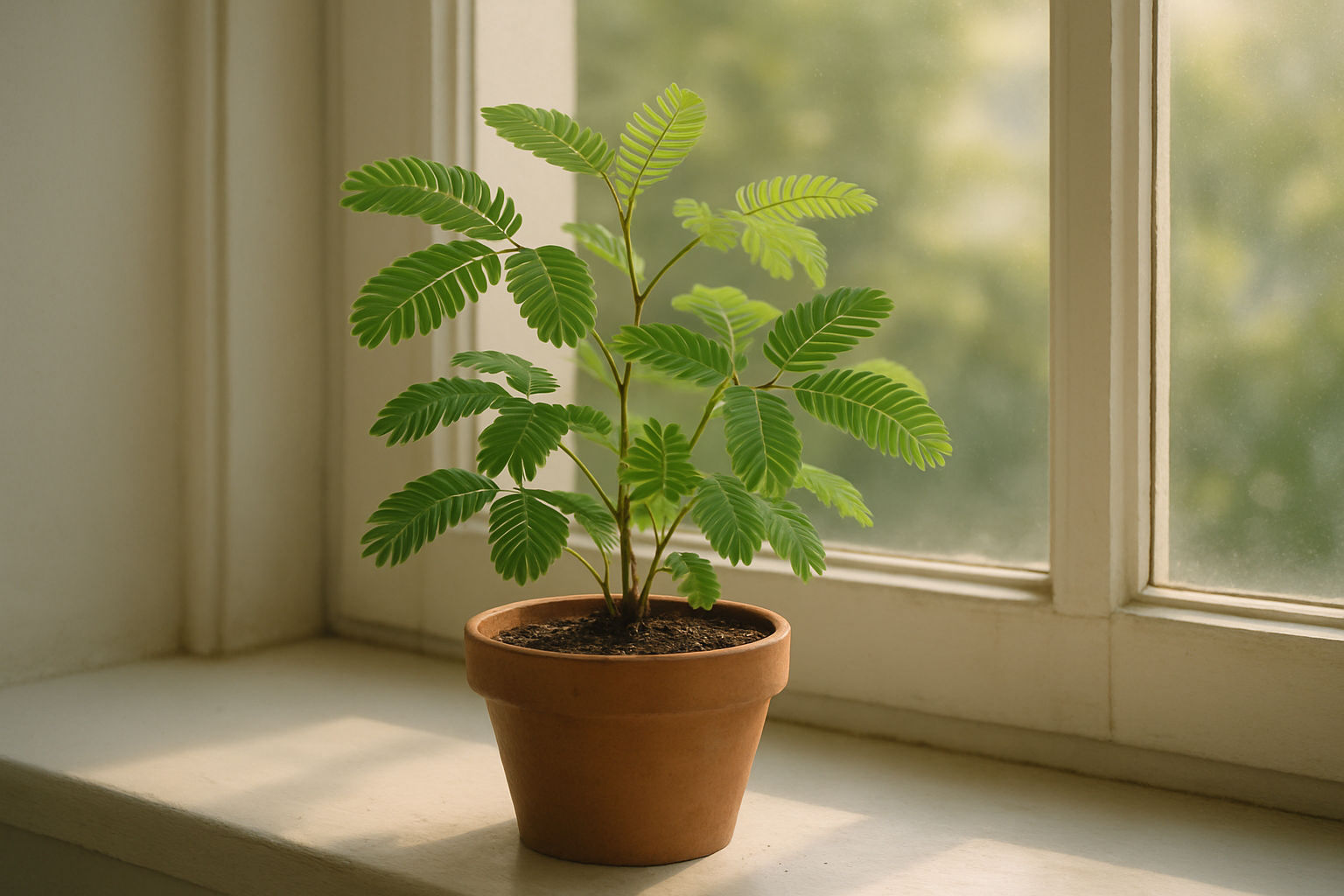 A photorealistic shot capturing a potted Mimosa pudica plant on a windowsill, bathed in soft morning light, leaves vibrant green, partially folded, soil slightly moist, demonstrating ideal conditions for indoor growth, focus on the plant's health and vitality, windowsill provides a natural setting.