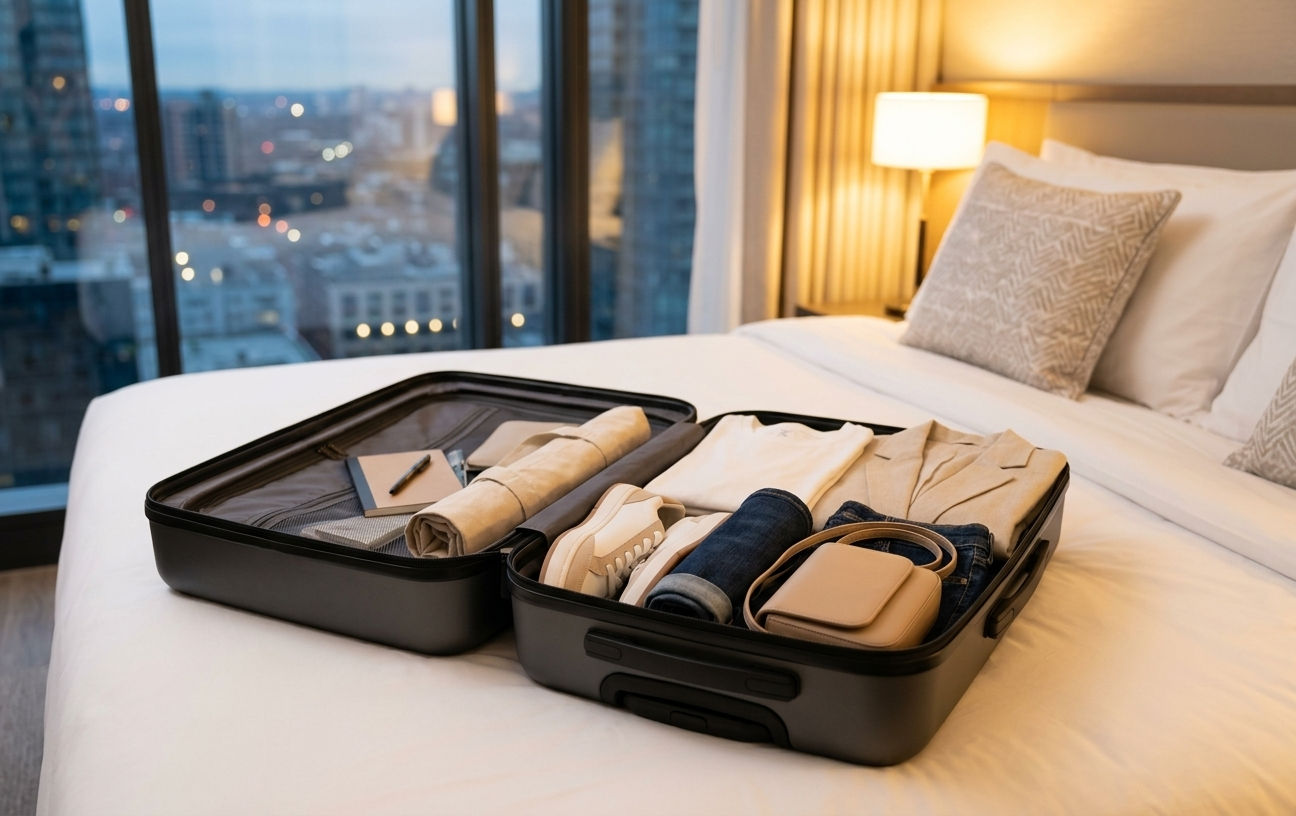 Troller compact de cabină cu haine versatile pentru city break urban