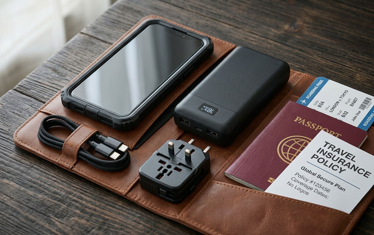 Accesorii tech pentru călătorie cu telefon protejat și baterie externă portabilă