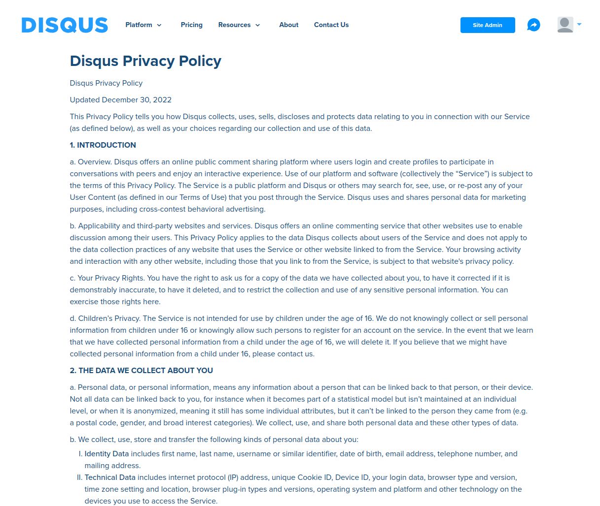 A screenshot of Disqus's privacy policy