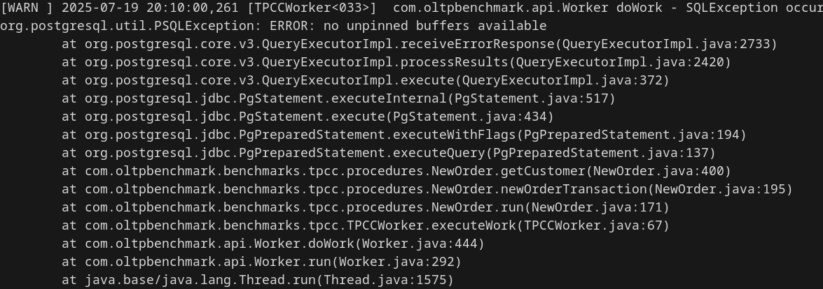 A terminal showing the error "no unpinned buffers"