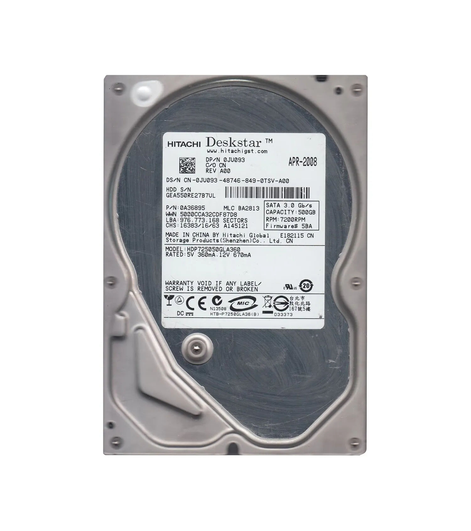0A36895 - Hitachi 500GB 7200RPM SATA 3Gb/s 3.5-in Hard Drive