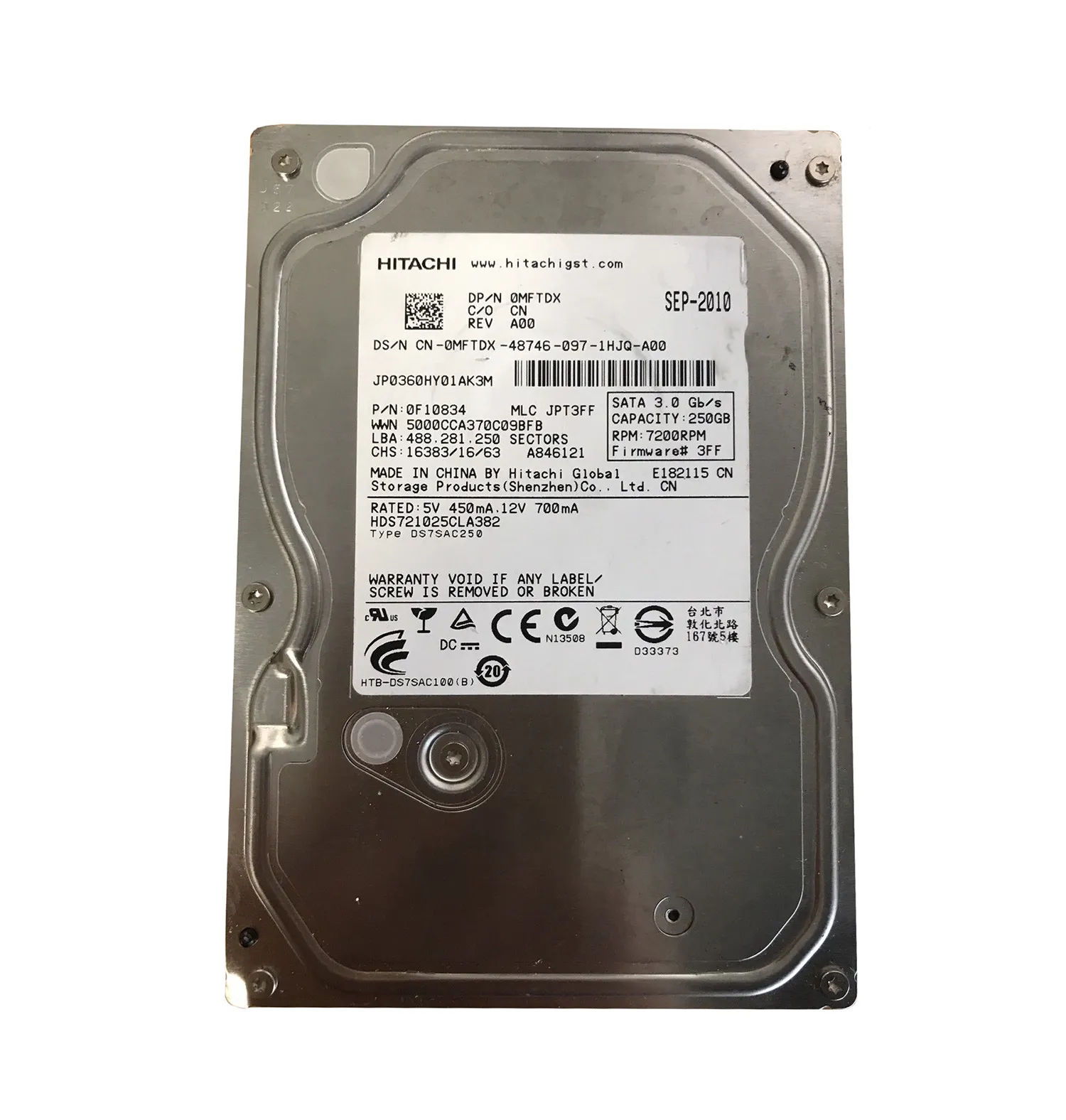 0F10834 - HGST 250GB 7200RPM SATA 3Gb/s 3.5-in Hard Drive