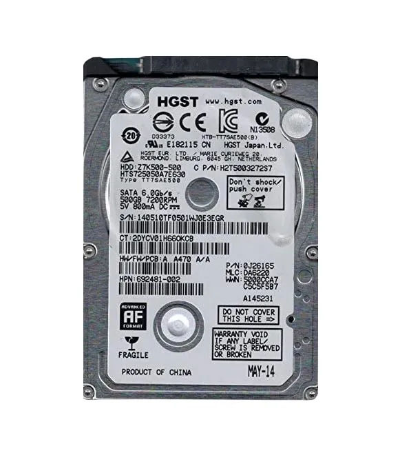 0J26165 - HGST 500GB 7200RPM SATA 6Gb/s 2.5-in Hard Drive