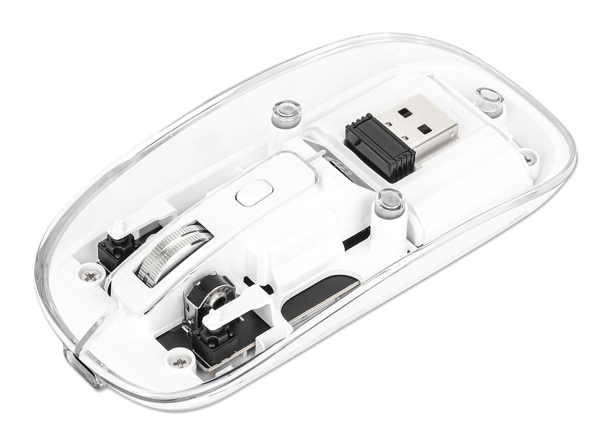Manhattan Transparent Rechargeable Wireless Mouse, Clear/White, Adjustable 800/1200/1600dpi, With RGB LED light, 2.4Ghz (effective range up to 10m), USB, Optical, Ambidextrous, Four Button with Scroll Wheel, Slim Design, USB-A micro receiver, Lithium Ion battery