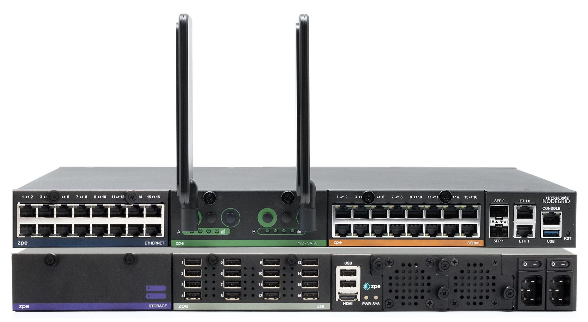 ZPE Nodegrid Net Services Router NSR Chassis, Dual AC, 4-Core Intel CPU, 8GB DDR4, 32GB encrypted solid-state MSATA, 5 slots, 2 SFP+, 2 USB 2.0, 1 USB 3.0, 2 GbE, 1 console