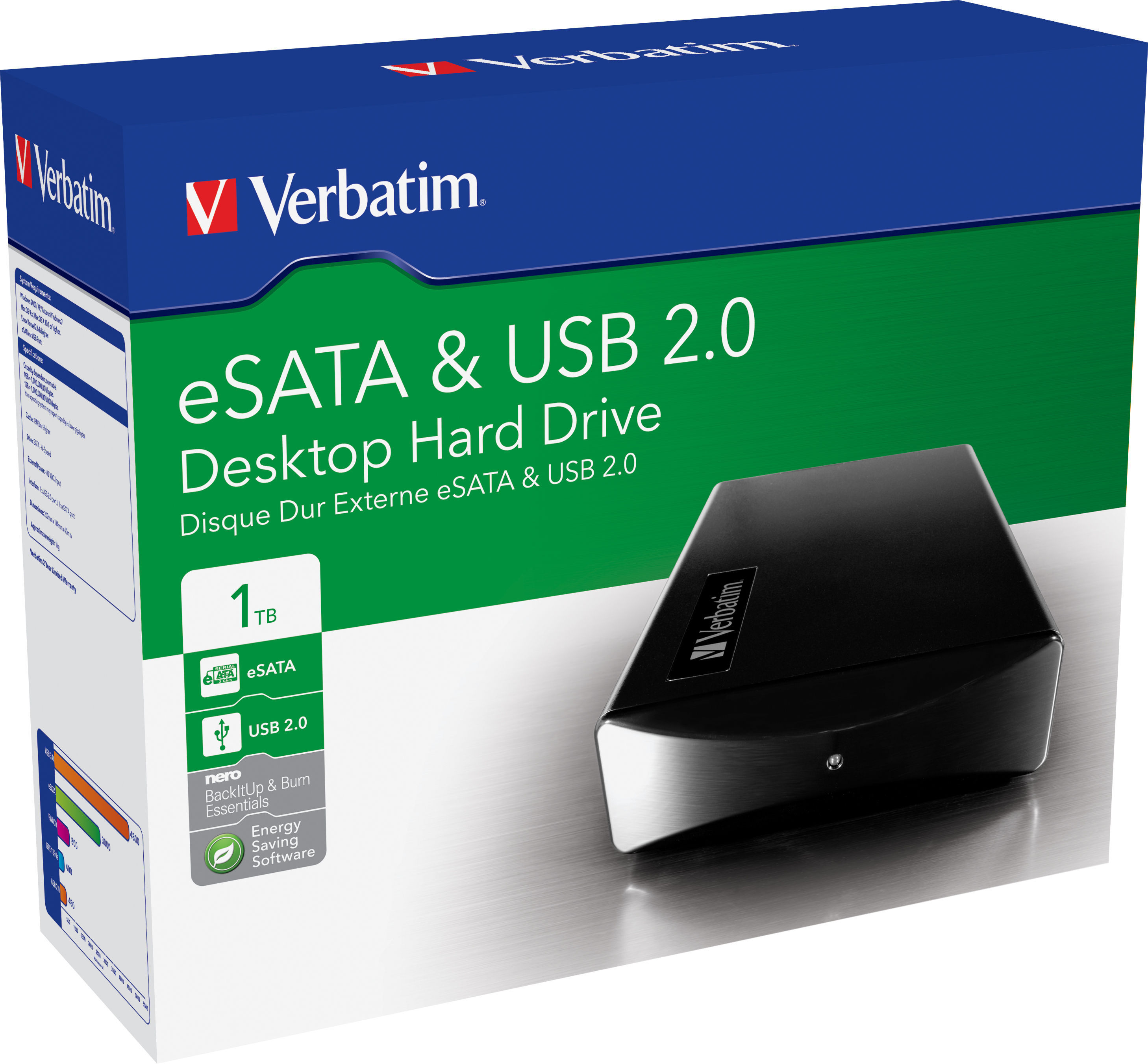 Verbatim 1TB External eSATA/USB 3.5" HDD external hard drive 7200 RPM 3.5" 2.0 Black