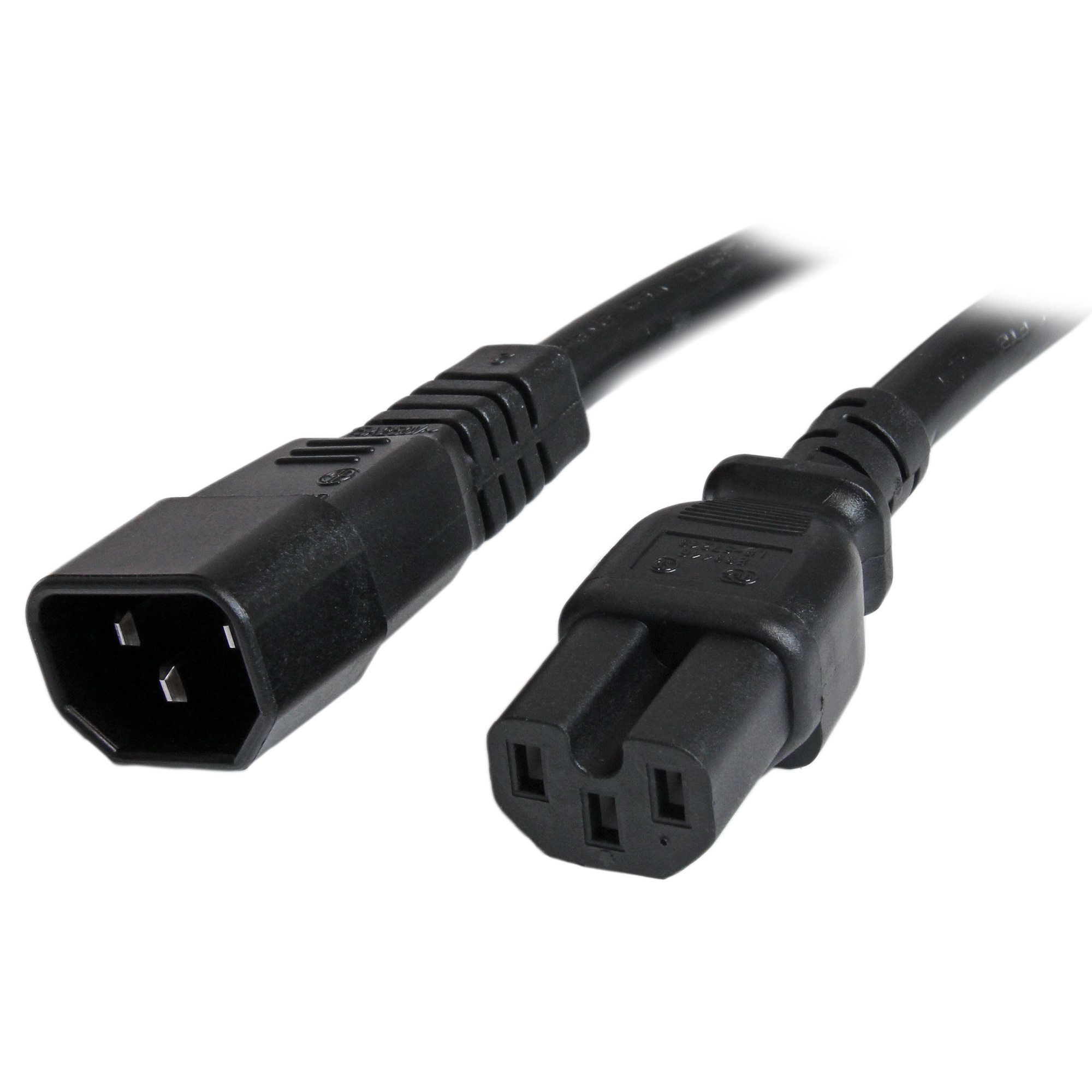 StarTech.com 3ft (1m) Heavy Duty Extension Cord, IEC 320 C14 to IEC 320 C15 Black Extension Cord, 15A 250V, 14AWG, Heavy Gauge Power Extension Cable, IEC 320 C14 to IEC 320 C15 AC Power Cord - UL Listed