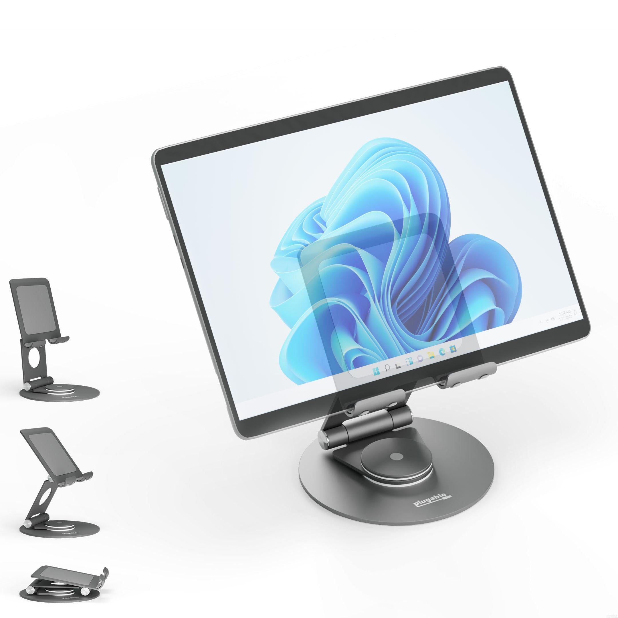 Plugable Technologies Swivel Tablet Stand Holder, 360° Rotating Base Tablet Holder for Phones and Tablets up to 12.9", Adjustable and Foldable iPad Stand for Desk, POS, Kitchen, Drawing (PT-STAND1)