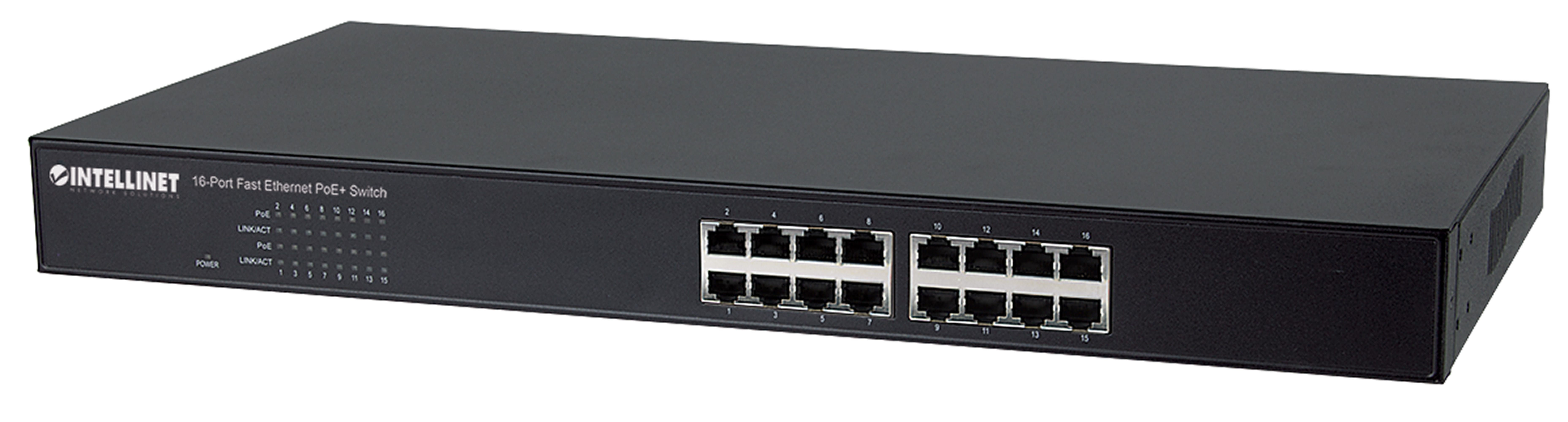 Intellinet 16-Port Fast Ethernet PoE+ Switch, 16 x PoE IEEE 802.3at/af Power-over-Ethernet (PoE+/PoE) ports, Endspan, 19" Rackmount (Euro 2-pin plug)