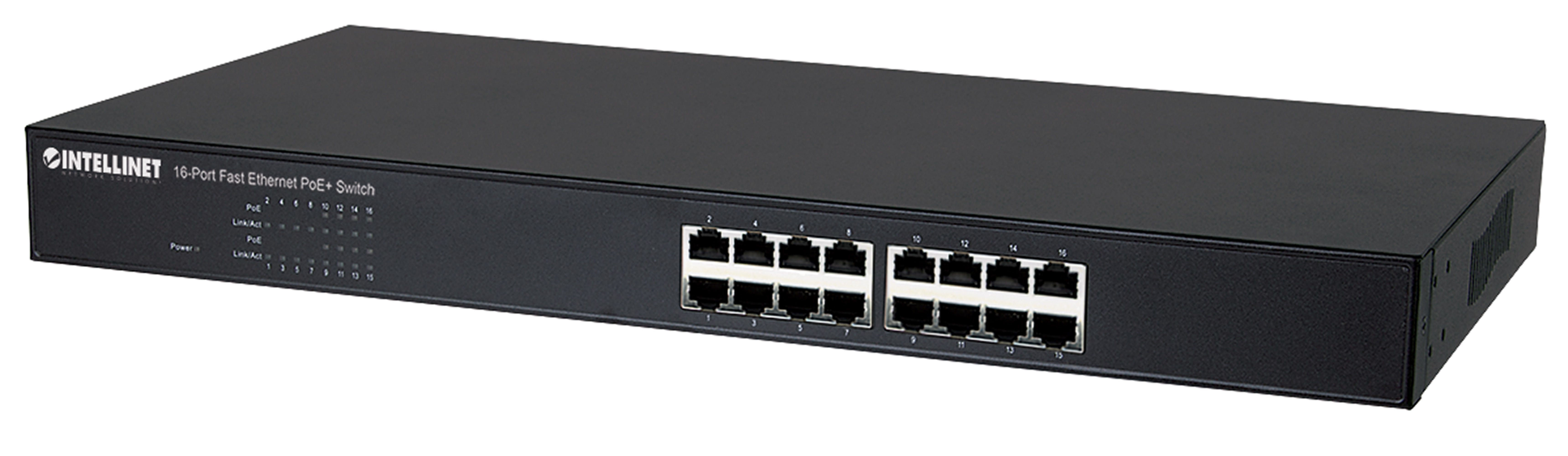 Intellinet 16-Port Fast Ethernet PoE+ Switch, 8 x PoE IEEE 802.3at/af Power-over-Ethernet (PoE+/PoE) ports, 8 x Standard RJ45 Ports, Endspan, 19" Rackmount (Euro 2-pin plug)