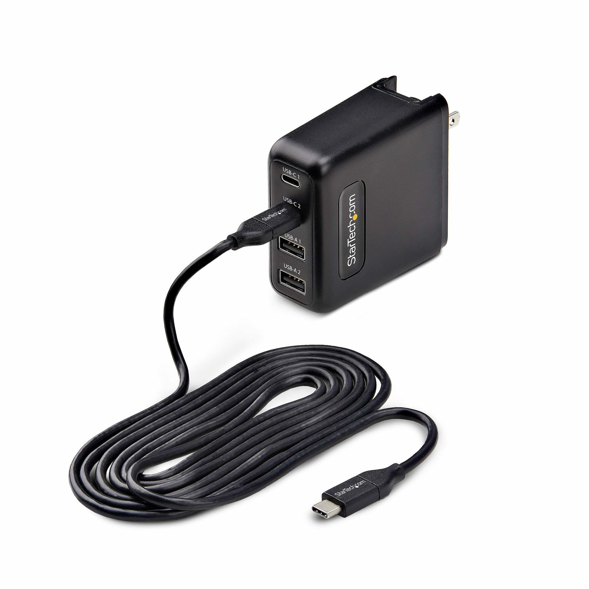 StarTech.com 100W USB-C Wall Charger, 2x USB-C/2x USB-A, Fast Charging Portable GaN Charger Power Adapter, USB Power Delivery 3.0, 6ft/1.8m Cable