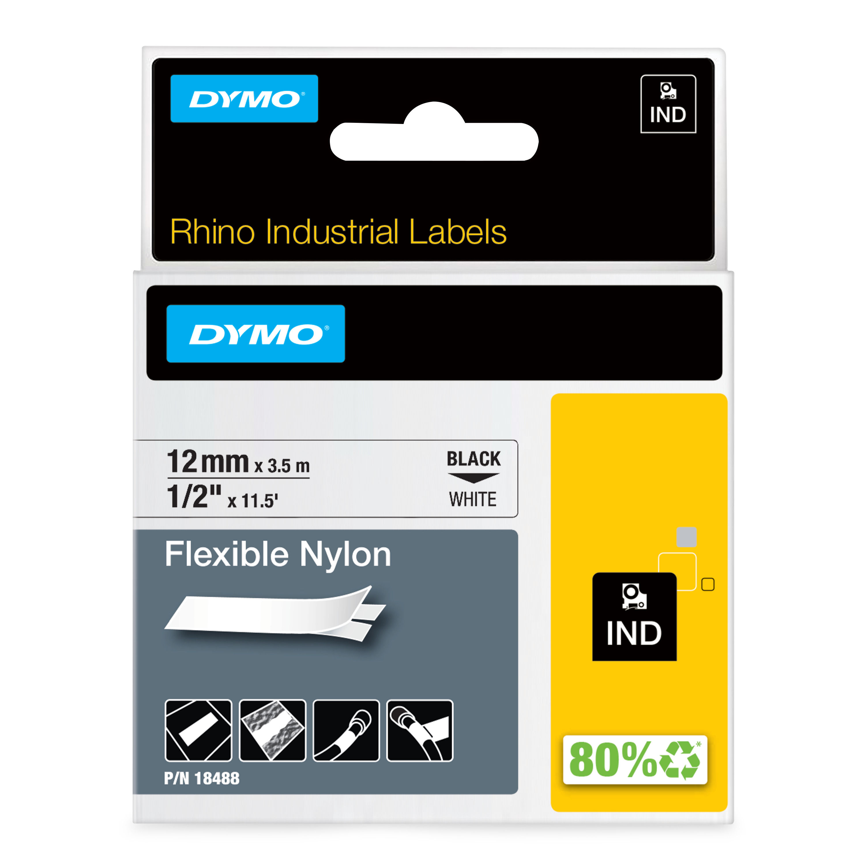DYMO Rhino Industrial Flexible Nylon Labels | 12 mm x 3.5 m | Black Print on White | Self-Adhesive | for Rhino & LabelManager Label Makers