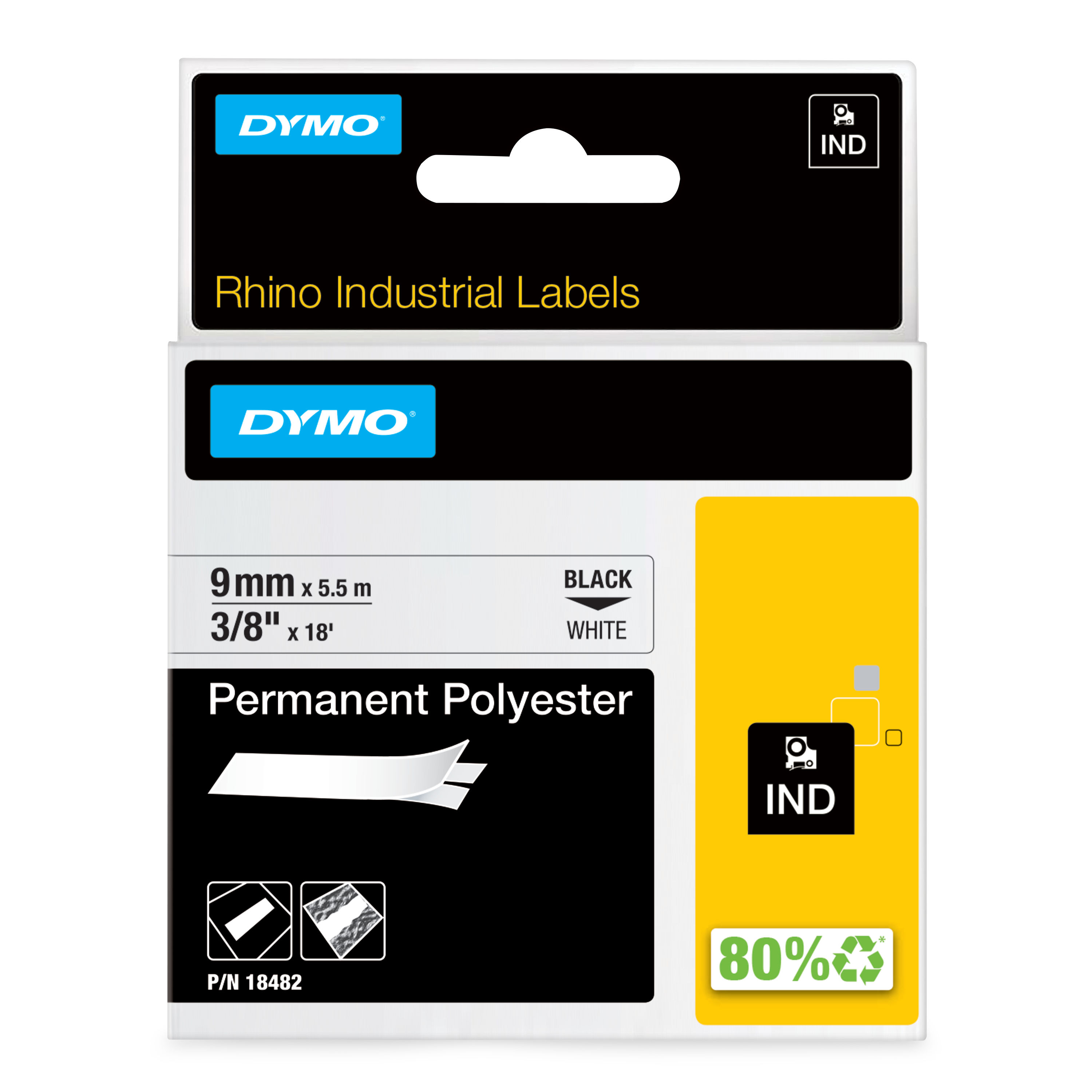 DYMO Rhino Industrial Permanent Polyester Labels | 9 mm x 3.5 m | Black Print on White | Self-Adhesive | for LabelManager & Rhino Label Makers