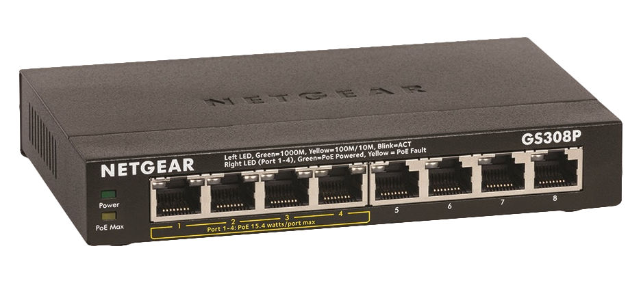 NETGEAR GS308P-100NAS network switch Unmanaged L2 Gigabit Ethernet (10/100/1000) Power over Ethernet (PoE) Black