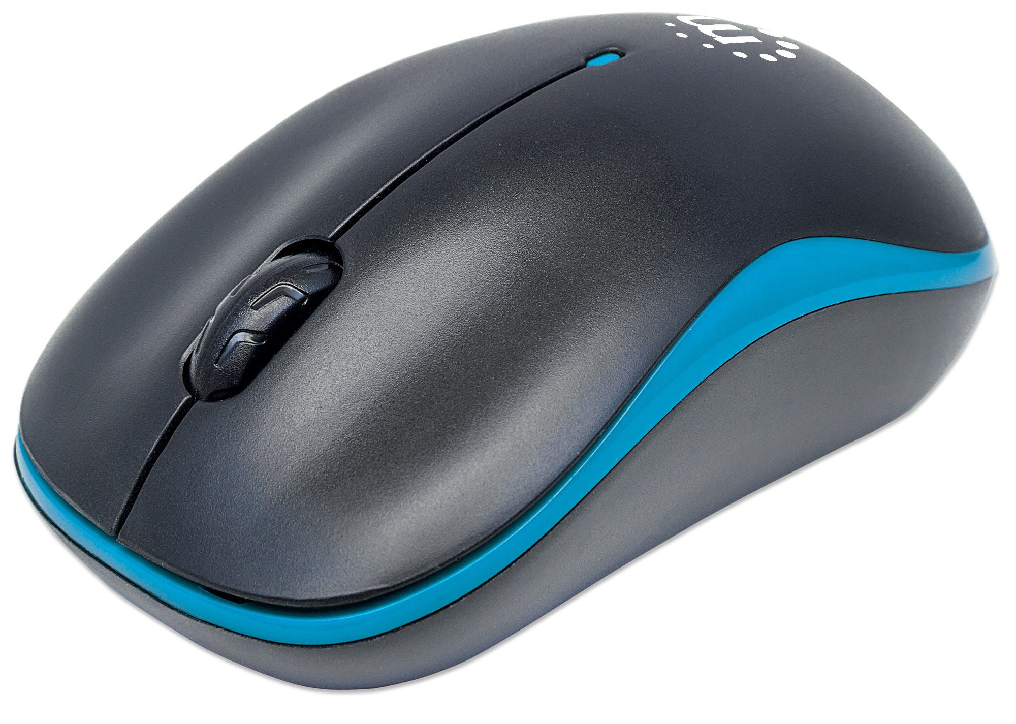 Manhattan Success Wireless Mouse, Black/Blue, 1000dpi, 2.4Ghz (up to 10m), USB, Optical, Three Button with Scroll Wheel, USB micro receiver, AA battery (included), Low friction base, Three Year Warranty