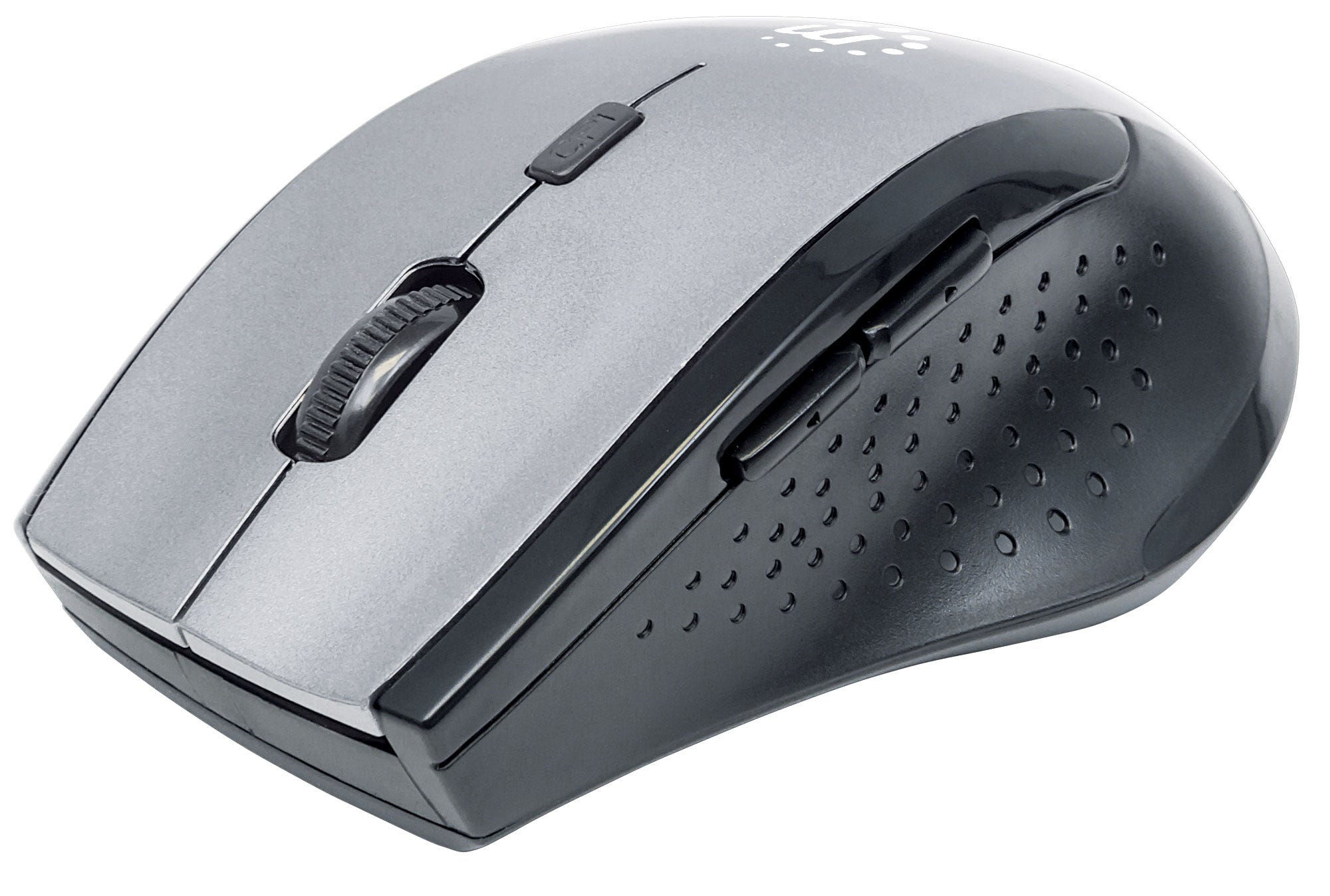 Manhattan Curve Wireless Mouse, Grey/Black, Adjustable DPI (800, 1200 or 1600dpi), 2.4Ghz (up to 10m), USB, Optical, Five Button with Scroll Wheel, USB micro receiver, 2x AAA batteries (included), Low friction base, Three Year Warranty, Blister
